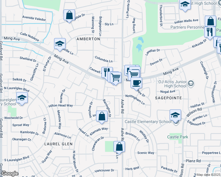 map of restaurants, bars, coffee shops, grocery stores, and more near 6641 Ming Avenue in Bakersfield