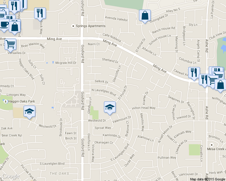 map of restaurants, bars, coffee shops, grocery stores, and more near 7708 North Laurelglen Boulevard in Bakersfield