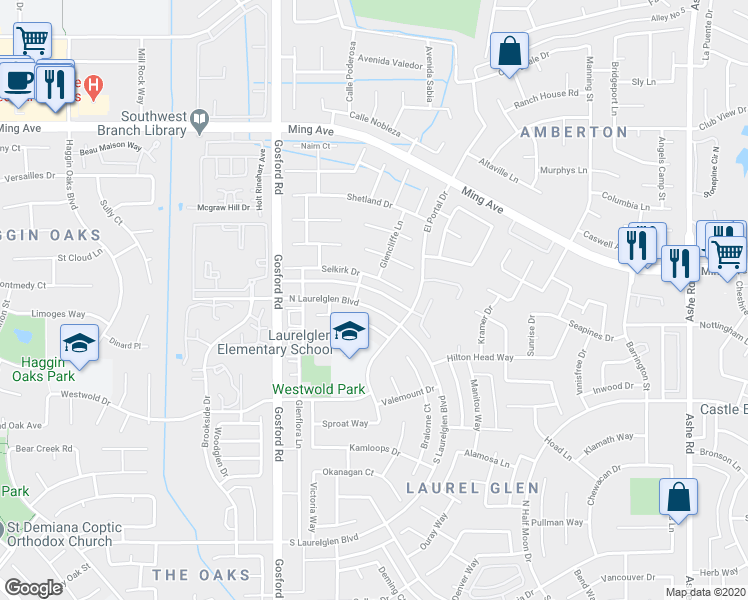 map of restaurants, bars, coffee shops, grocery stores, and more near 7708 North Laurelglen Boulevard in Bakersfield