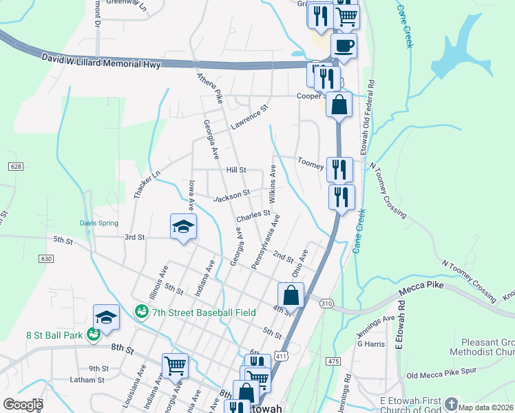 map of restaurants, bars, coffee shops, grocery stores, and more near 220 Wilkins Avenue in Etowah