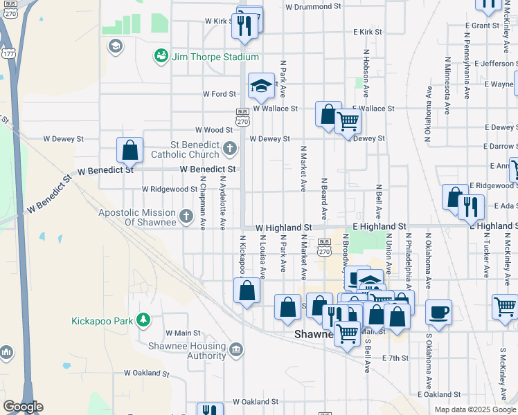 map of restaurants, bars, coffee shops, grocery stores, and more near 533 North Louisa Avenue in Shawnee