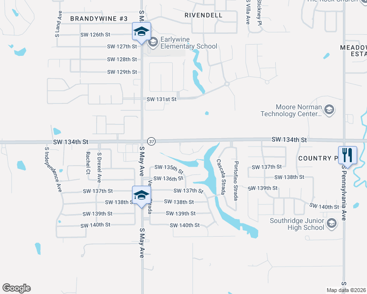 map of restaurants, bars, coffee shops, grocery stores, and more near 13500 Borgata Lane in Oklahoma City