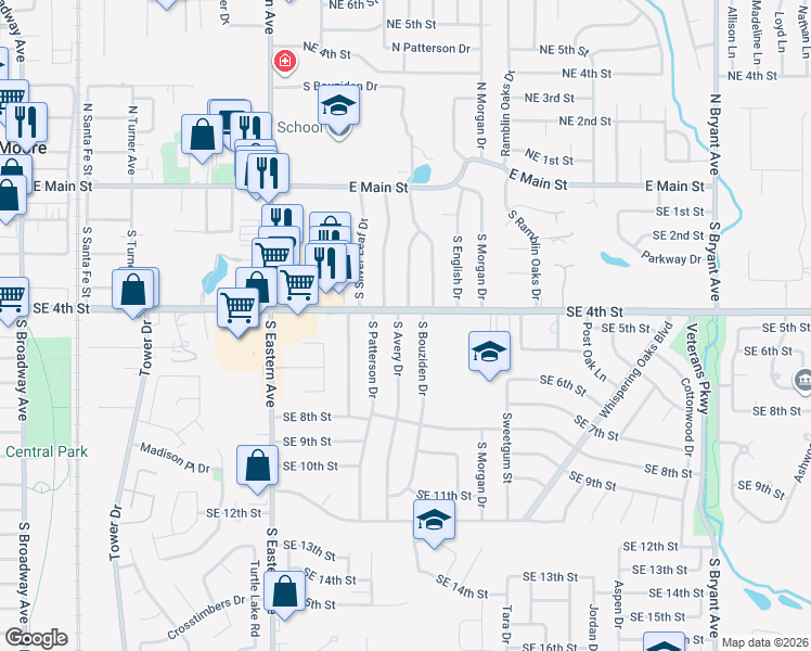 map of restaurants, bars, coffee shops, grocery stores, and more near 504 South Avery Drive in Moore