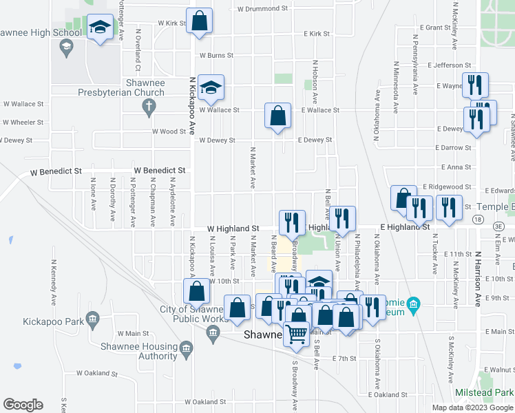 map of restaurants, bars, coffee shops, grocery stores, and more near 535 North Market Avenue in Shawnee