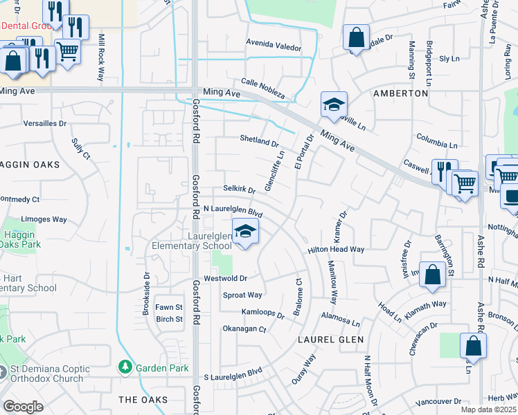 map of restaurants, bars, coffee shops, grocery stores, and more near 7708 North Laurelglen Boulevard in Bakersfield