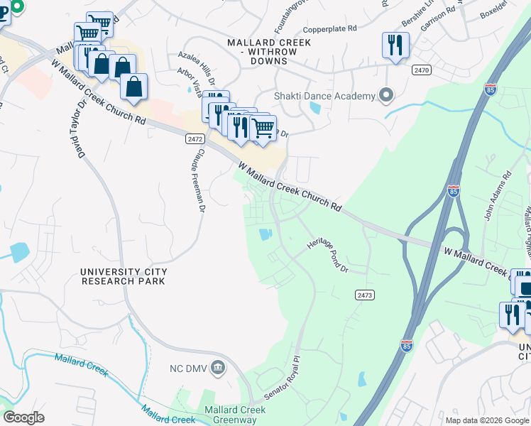 map of restaurants, bars, coffee shops, grocery stores, and more near 8774-9060 Senator Royall Drive in Charlotte