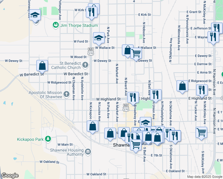 map of restaurants, bars, coffee shops, grocery stores, and more near 541 North Park Avenue in Shawnee
