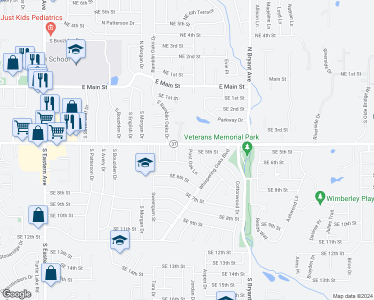 map of restaurants, bars, coffee shops, grocery stores, and more near 505 Post Oak Lane in Moore