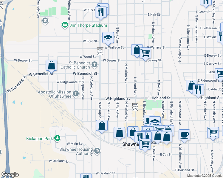 map of restaurants, bars, coffee shops, grocery stores, and more near 533 North Louisa Avenue in Shawnee