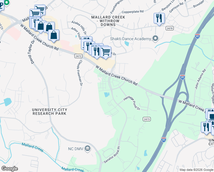 map of restaurants, bars, coffee shops, grocery stores, and more near 8774-9060 Senator Royall Drive in Charlotte