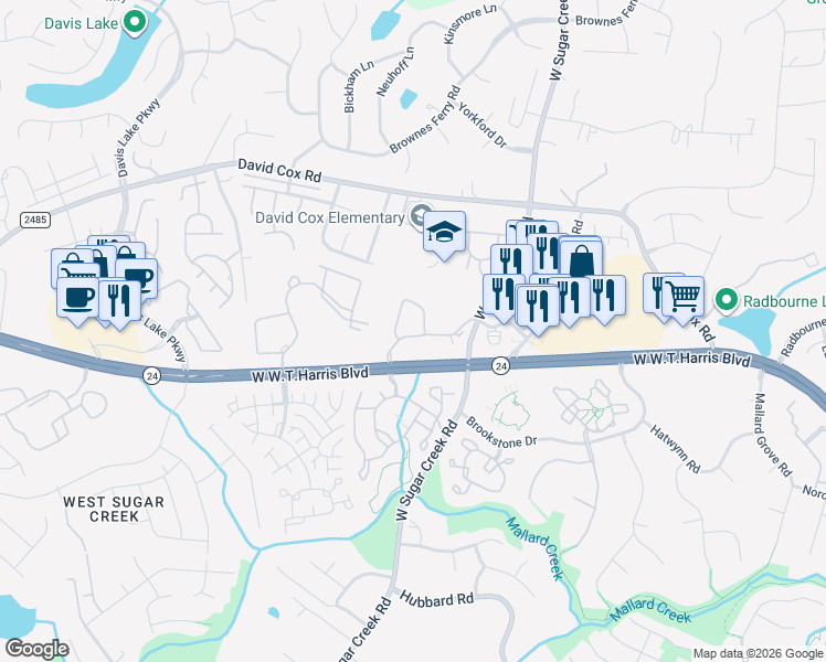map of restaurants, bars, coffee shops, grocery stores, and more near 6219 Waterford Hills Drive in Charlotte
