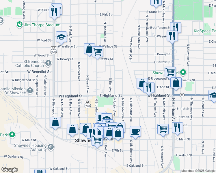 map of restaurants, bars, coffee shops, grocery stores, and more near 540 North Douglas Avenue in Shawnee