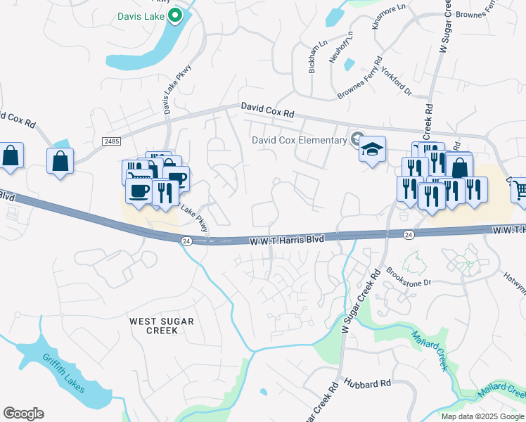 map of restaurants, bars, coffee shops, grocery stores, and more near 4550 Sugarberry Drive in Charlotte