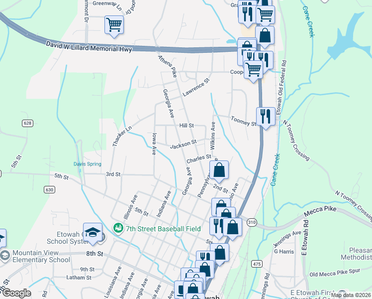 map of restaurants, bars, coffee shops, grocery stores, and more near 221 Georgia Avenue in Etowah