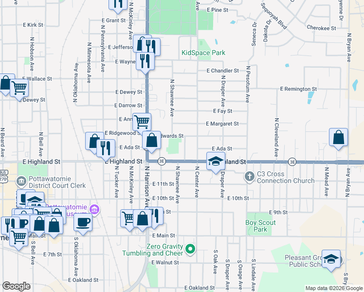 map of restaurants, bars, coffee shops, grocery stores, and more near 552 North Patchin Avenue in Shawnee