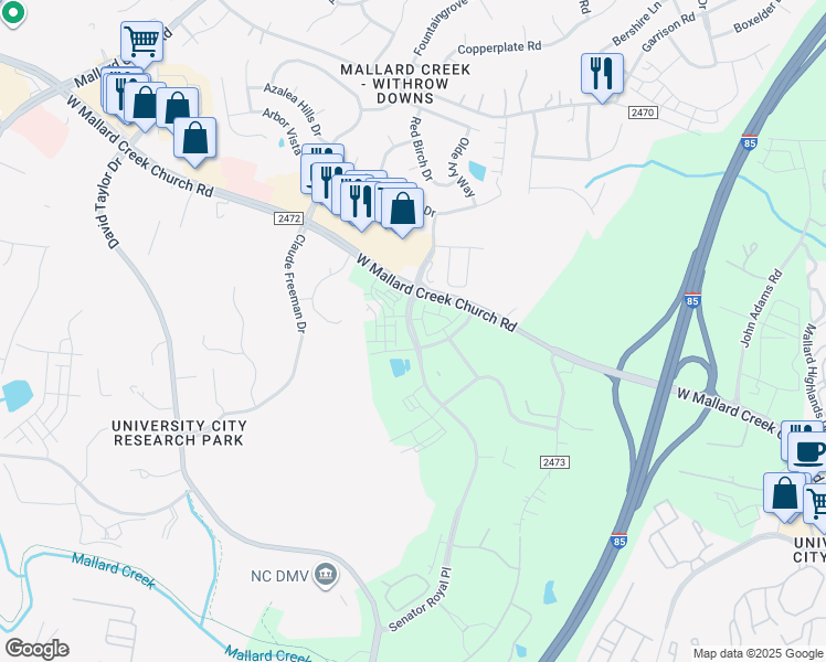 map of restaurants, bars, coffee shops, grocery stores, and more near 8774 Senator Royall Drive in Charlotte
