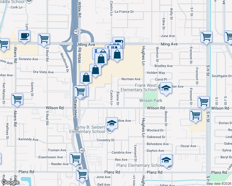 map of restaurants, bars, coffee shops, grocery stores, and more near 2801 Echo Avenue in Bakersfield