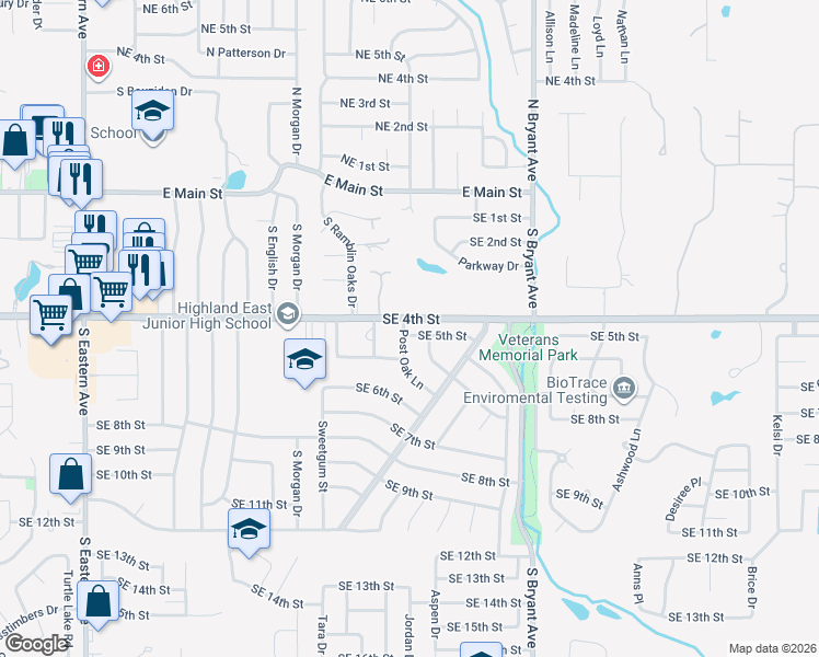 map of restaurants, bars, coffee shops, grocery stores, and more near 1601 Southeast 5th Street in Moore
