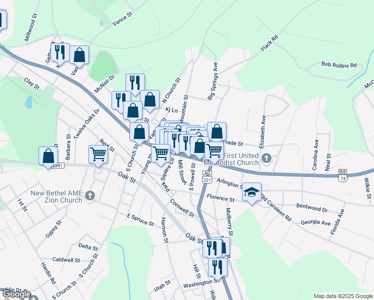 map of restaurants, bars, coffee shops, grocery stores, and more near 137 East Main Street in Forest City