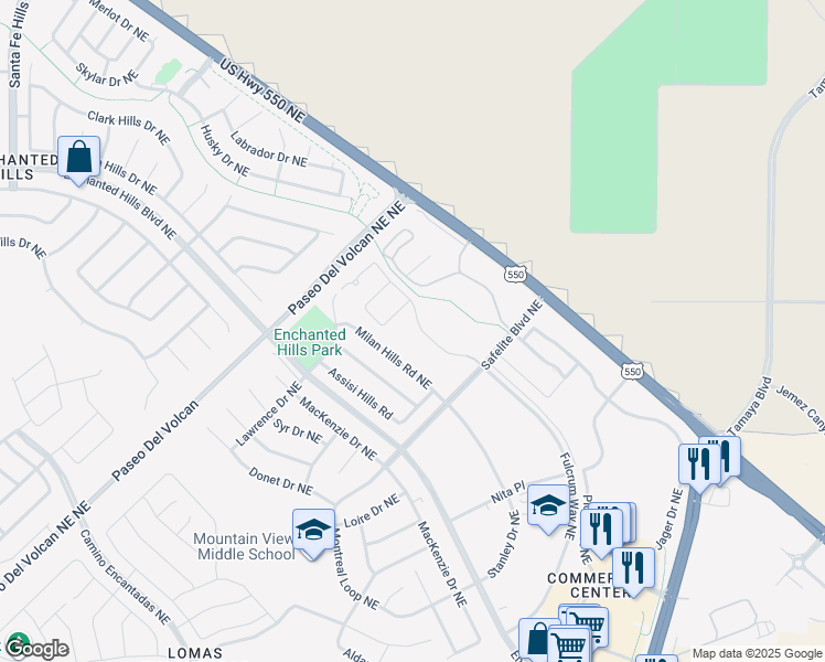 map of restaurants, bars, coffee shops, grocery stores, and more near 4501 Safelite Boulevard Northeast in Rio Rancho