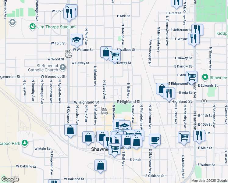 map of restaurants, bars, coffee shops, grocery stores, and more near 536 North Bdwy in Shawnee