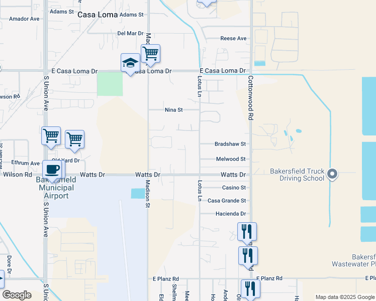 map of restaurants, bars, coffee shops, grocery stores, and more near 1915 Wingstone Street in Bakersfield