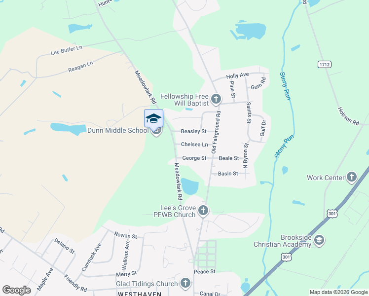 map of restaurants, bars, coffee shops, grocery stores, and more near 107 Chelsea Lane in Dunn