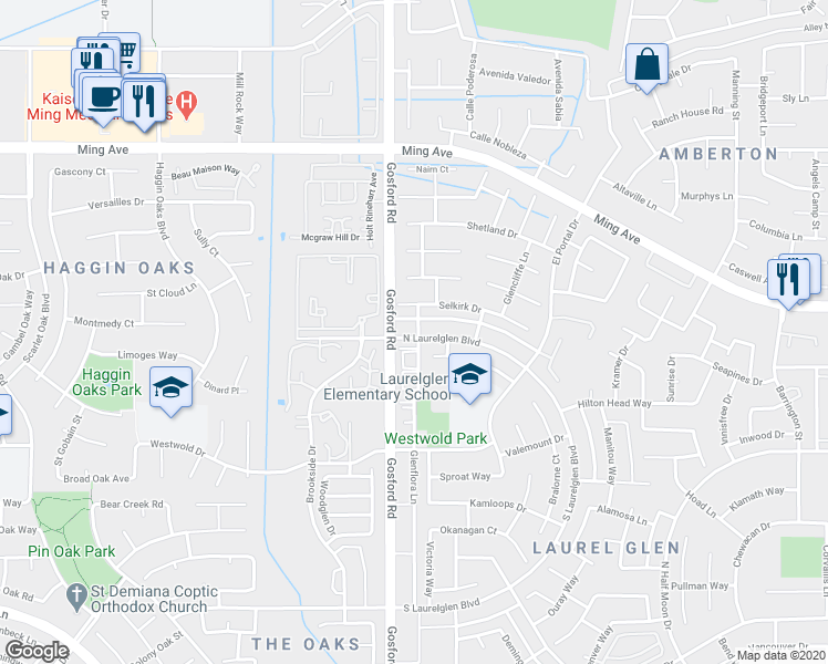 map of restaurants, bars, coffee shops, grocery stores, and more near 8000 Glenflora Lane in Bakersfield