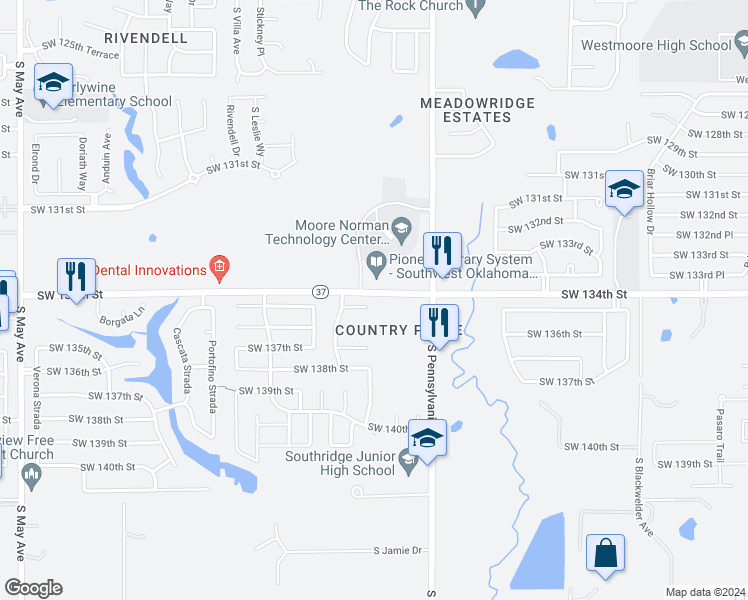 map of restaurants, bars, coffee shops, grocery stores, and more near 2205 Southwest 135th Place in Oklahoma City