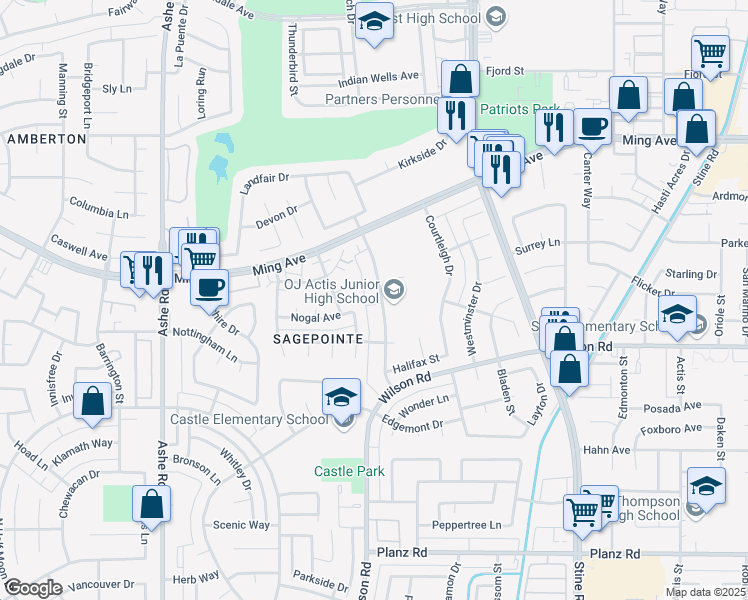 map of restaurants, bars, coffee shops, grocery stores, and more near 2309 Westholme Boulevard in Bakersfield