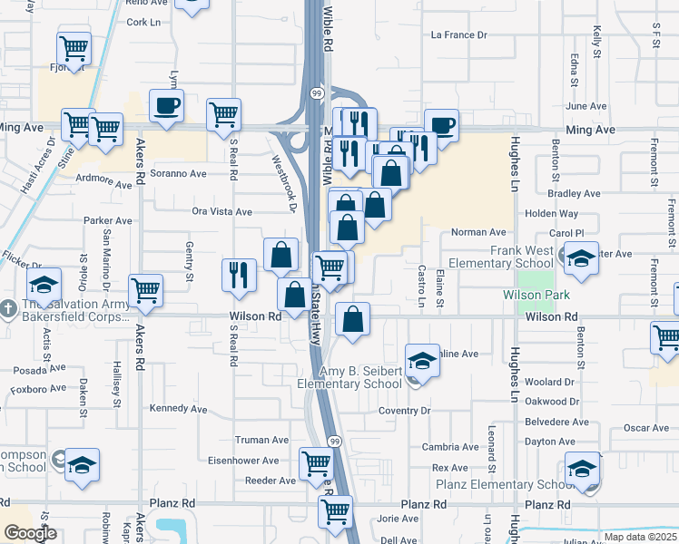 map of restaurants, bars, coffee shops, grocery stores, and more near 2312 Wible Road in Bakersfield