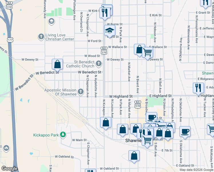 map of restaurants, bars, coffee shops, grocery stores, and more near 537 North Kickapoo Avenue in Shawnee