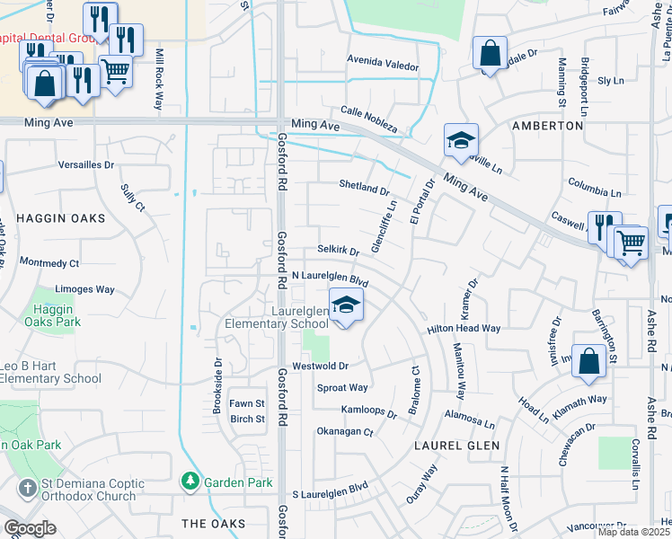 map of restaurants, bars, coffee shops, grocery stores, and more near 7808 North Laurelglen Boulevard in Bakersfield