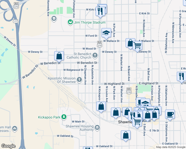 map of restaurants, bars, coffee shops, grocery stores, and more near 533 North Aydelotte Avenue in Shawnee