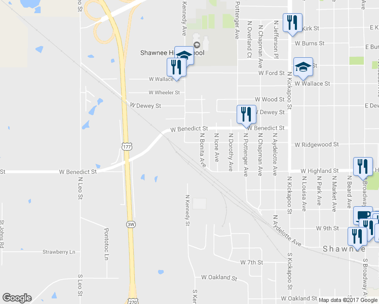 map of restaurants, bars, coffee shops, grocery stores, and more near 504 North Bonita Avenue in Shawnee