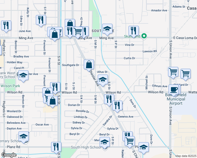 map of restaurants, bars, coffee shops, grocery stores, and more near 2300 South Chester Avenue in Bakersfield