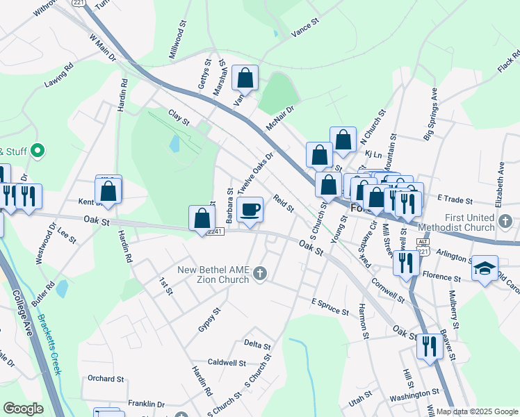 map of restaurants, bars, coffee shops, grocery stores, and more near 233 Twelve Oaks Drive in Forest City