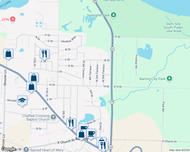 map of restaurants, bars, coffee shops, grocery stores, and more near 1003 North 3rd Terrace in Barling