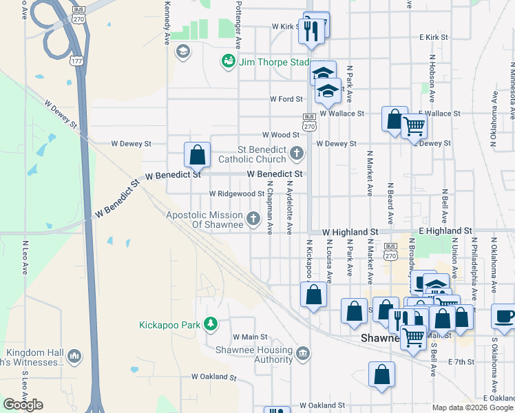 map of restaurants, bars, coffee shops, grocery stores, and more near 539 North Pottenger Avenue in Shawnee