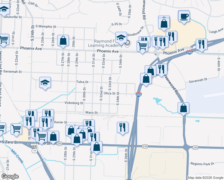 map of restaurants, bars, coffee shops, grocery stores, and more near 5123 South 33rd Street in Fort Smith