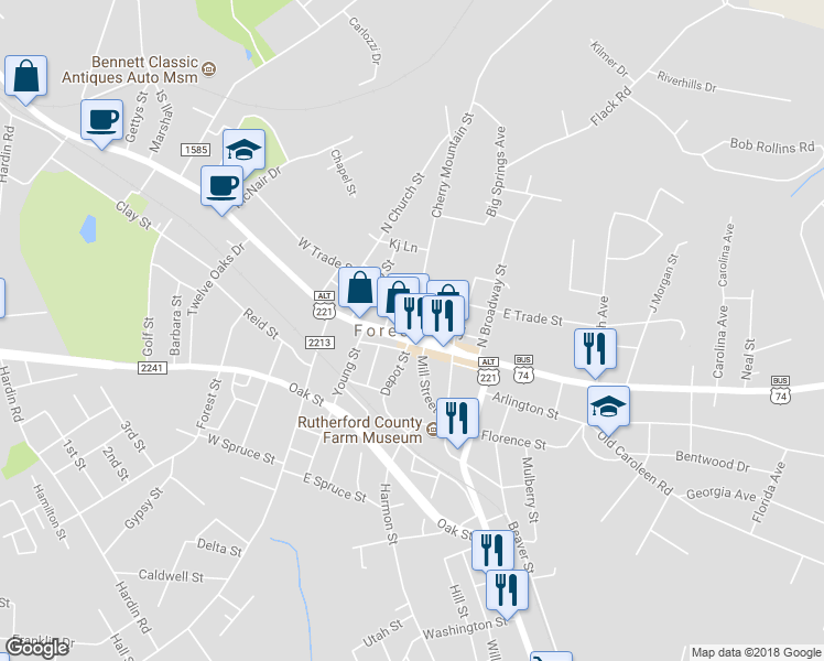map of restaurants, bars, coffee shops, grocery stores, and more near 101-115 Cherry Mountain Street in Forest City