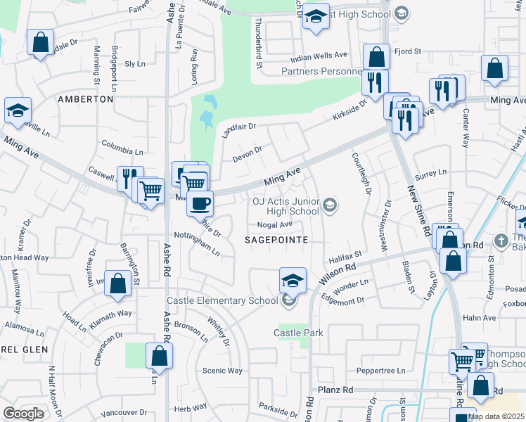 map of restaurants, bars, coffee shops, grocery stores, and more near 2300 Nogal Court in Bakersfield