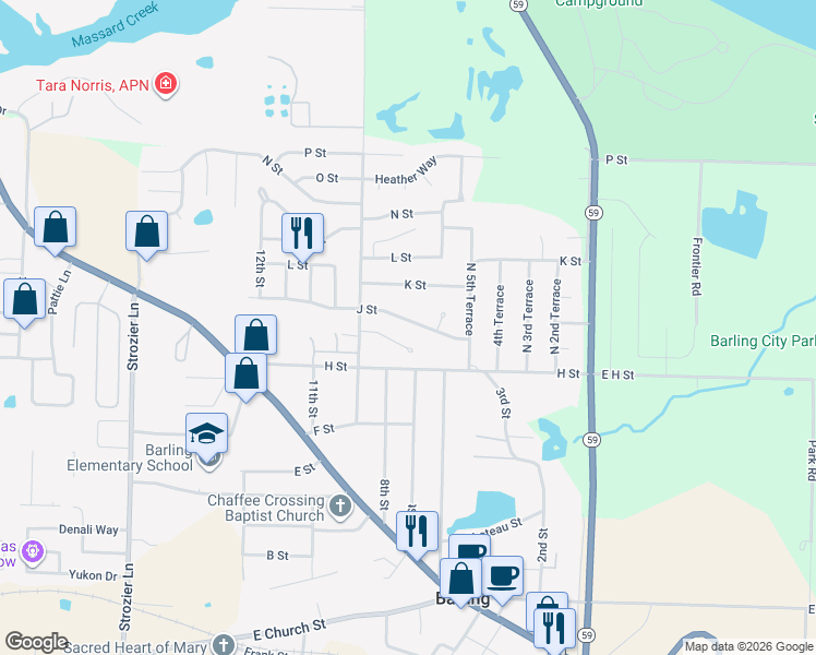map of restaurants, bars, coffee shops, grocery stores, and more near 701 J Street in Barling