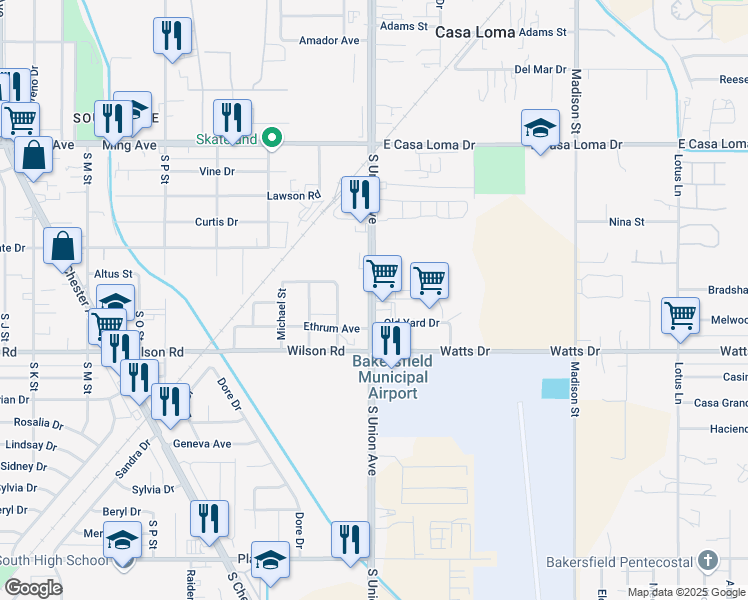 map of restaurants, bars, coffee shops, grocery stores, and more near 1500 South Union Avenue in Bakersfield