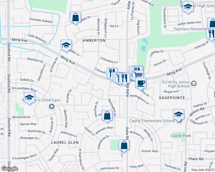 map of restaurants, bars, coffee shops, grocery stores, and more near 2201 Barrington Street in Bakersfield