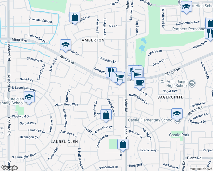 map of restaurants, bars, coffee shops, grocery stores, and more near 2201 Barrington Street in Bakersfield