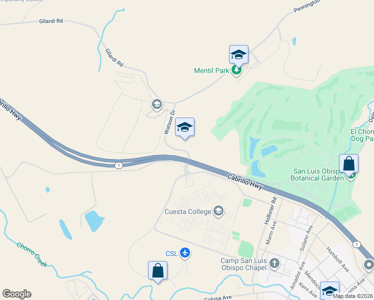 map of restaurants, bars, coffee shops, grocery stores, and more near 3350 Education Drive in San Luis Obispo