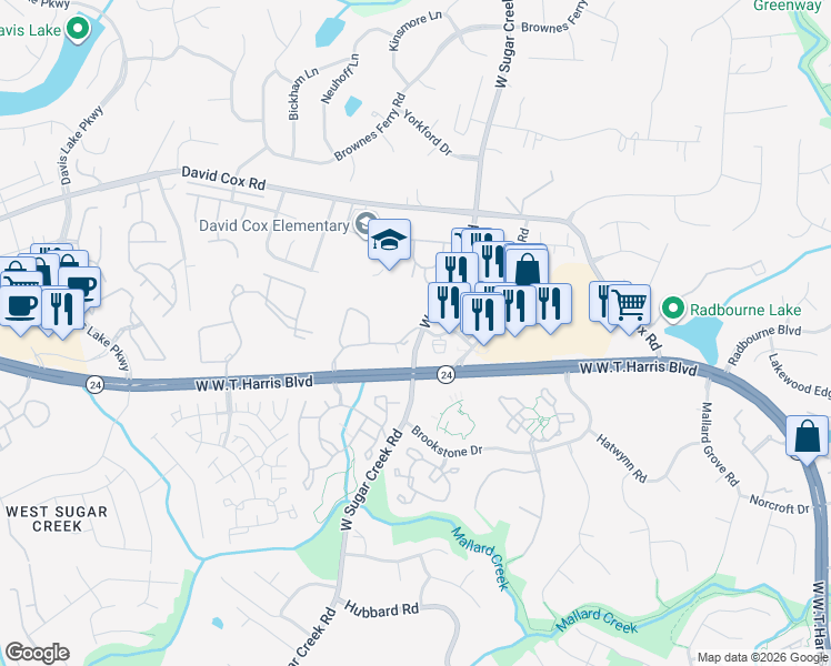 map of restaurants, bars, coffee shops, grocery stores, and more near 5012 Feathergrass Drive in Charlotte