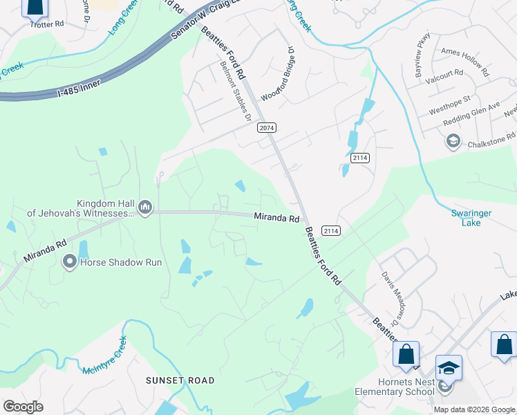 map of restaurants, bars, coffee shops, grocery stores, and more near 3877-4899 Miranda Road in Charlotte