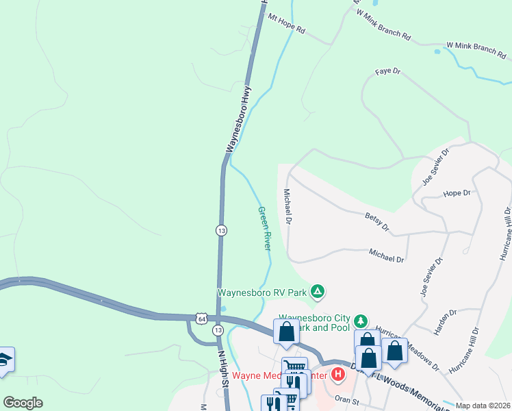 map of restaurants, bars, coffee shops, grocery stores, and more near 333 Michael Drive in Waynesboro